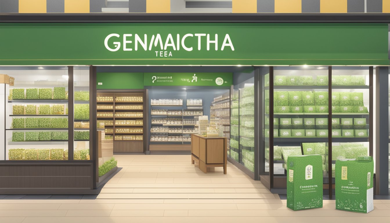 A display of genmaicha tea packages at a Singaporean store, with clear signage indicating "Frequently Asked Questions" about purchasing the product