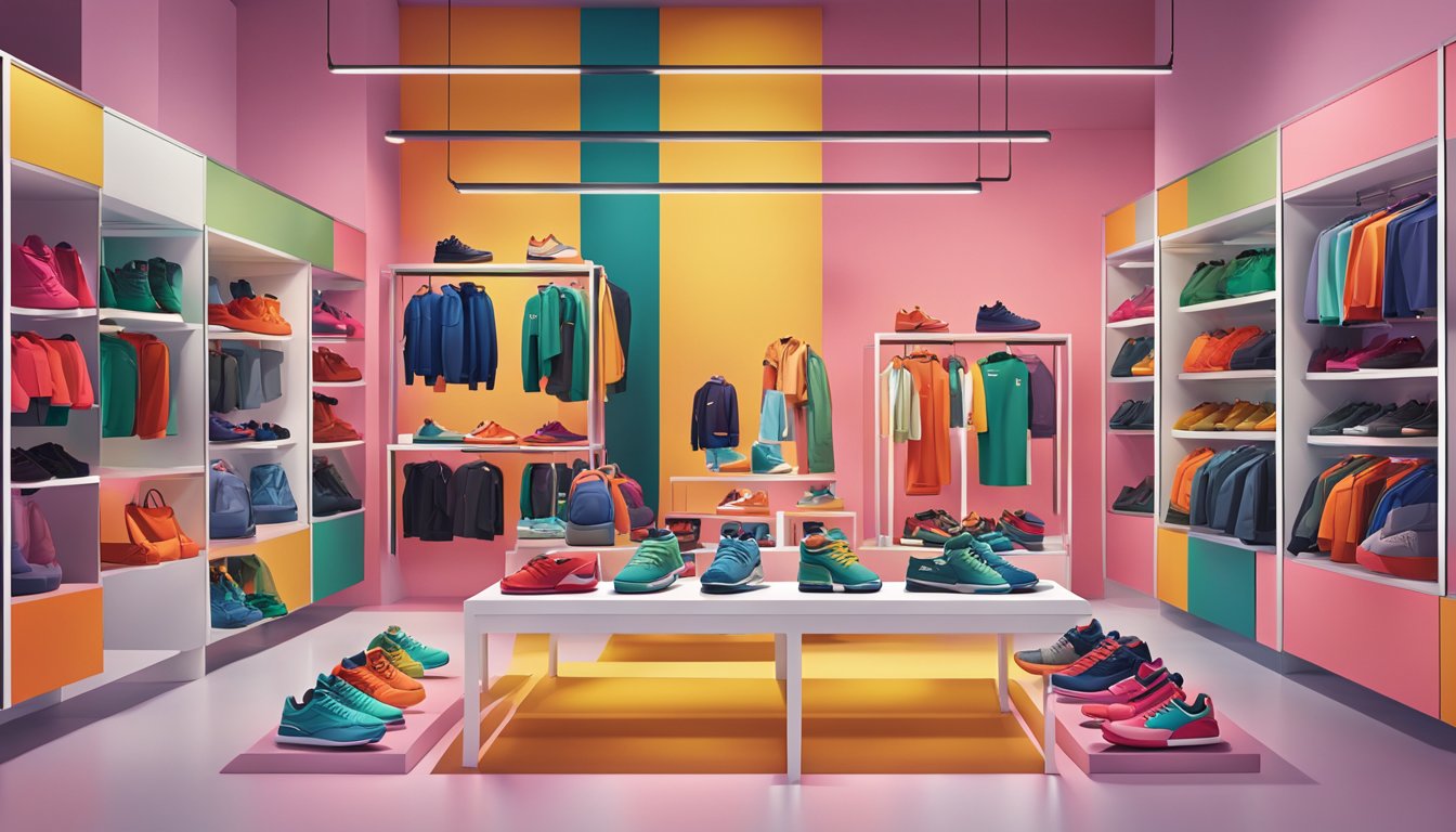 A colorful display of Puma's latest collection, featuring shoes, apparel, and accessories, showcased in a modern and stylish setting