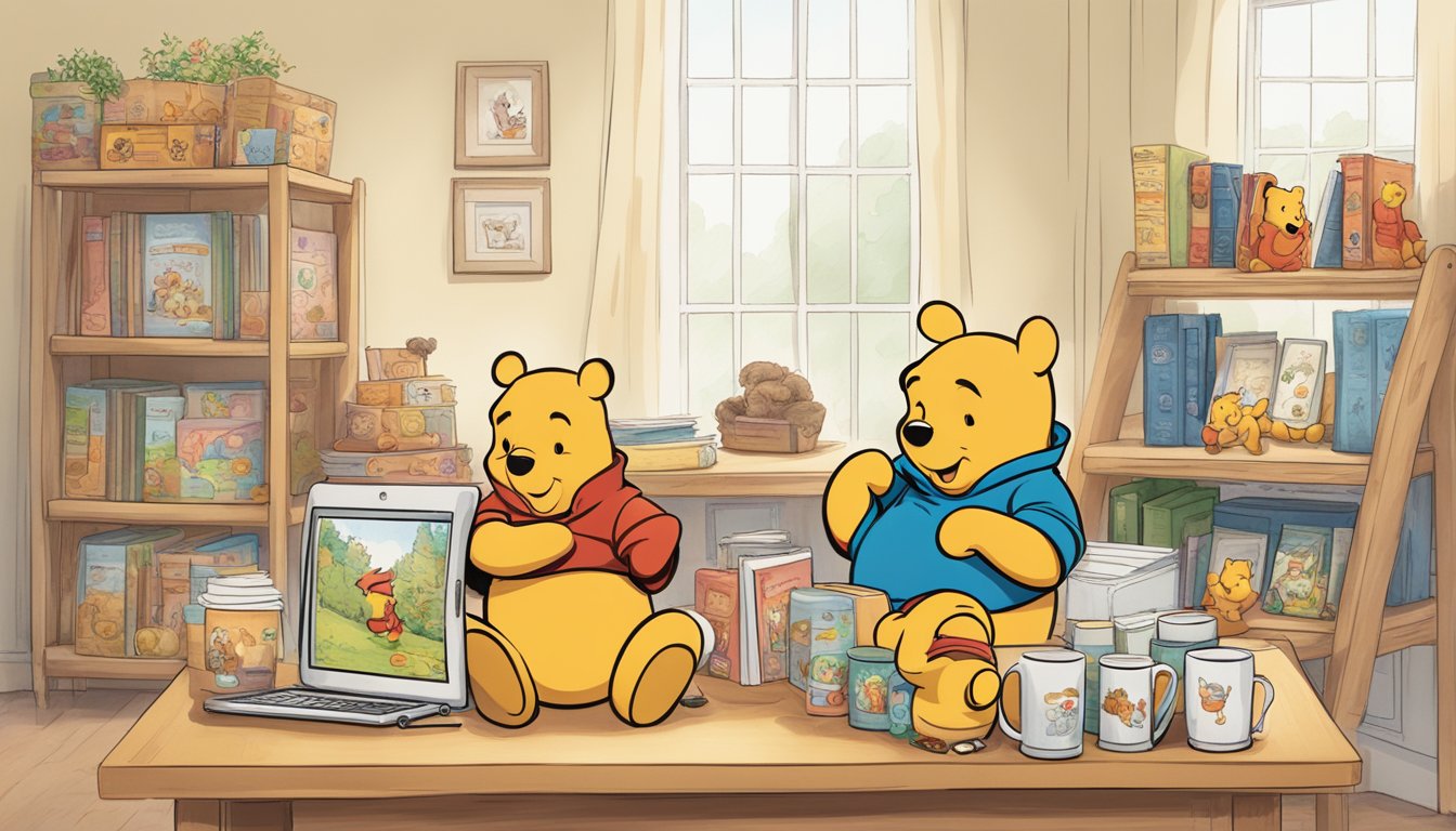 A table displays various Winnie the Pooh products, including books, plush toys, and mugs. A computer screen shows an online store with the option to purchase