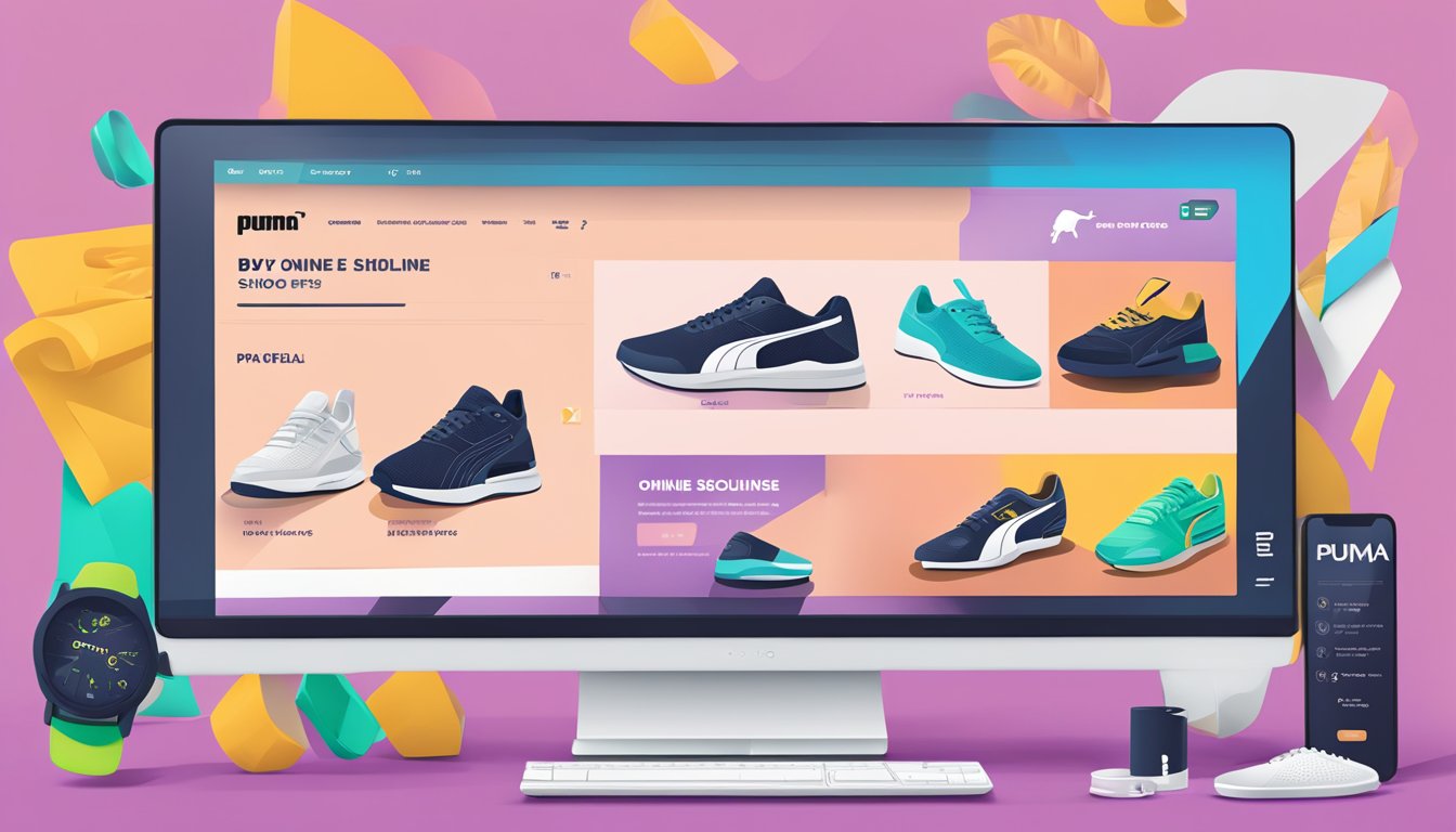A computer screen displaying Puma's exclusive online deals and offers. Icons of shoes, clothing, and accessories are featured with "Buy Online" buttons