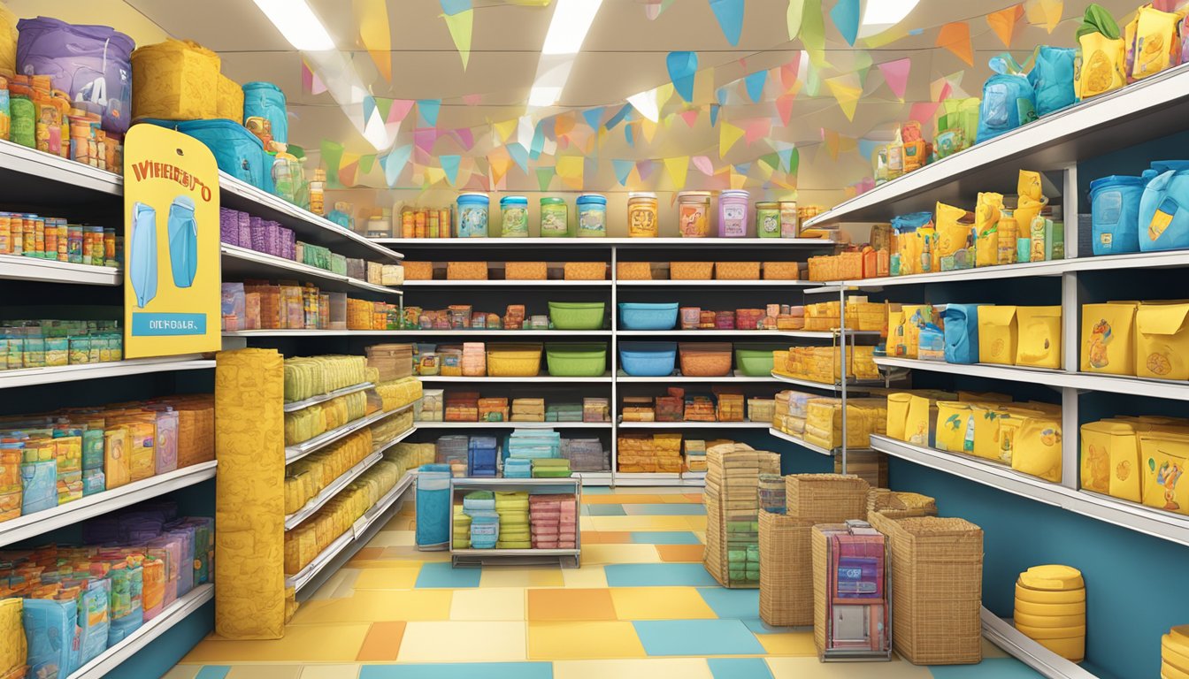A colorful display of Winnie the Pooh products arranged on shelves with a "Where to Buy" sign above. Online purchase options highlighted