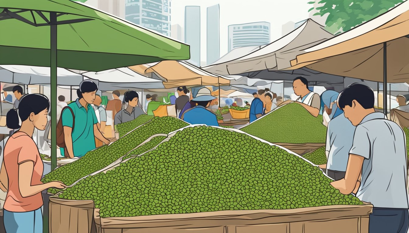 A bustling market stall displays sacks of green coffee beans in Singapore. People browse and purchase the beans, while vendors call out their prices