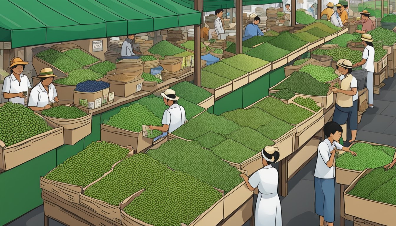 A bustling marketplace in Singapore showcases shelves of green coffee beans for sale. Vendors display their products, while customers inspect and purchase the beans