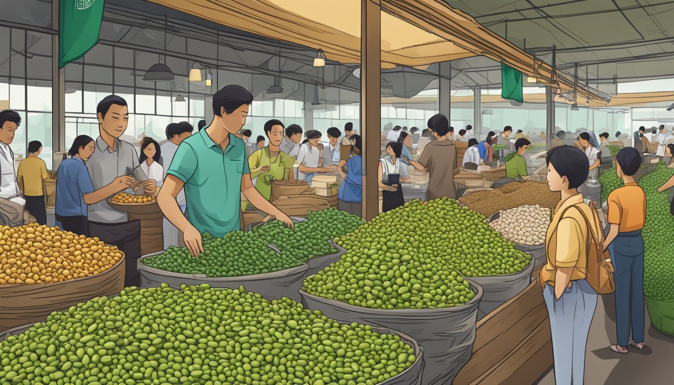 A bustling coffee market in Singapore, with rows of colorful bags of green coffee beans on display. Vendors engage in lively conversations with customers, sharing their insights on the health benefits and brewing techniques of the beans