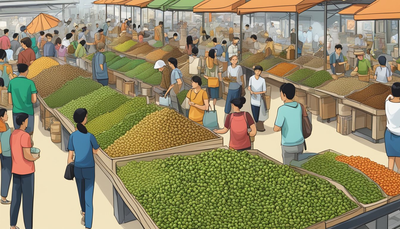 A bustling marketplace with a colorful array of green coffee beans on display, surrounded by eager customers and vendors in Singapore