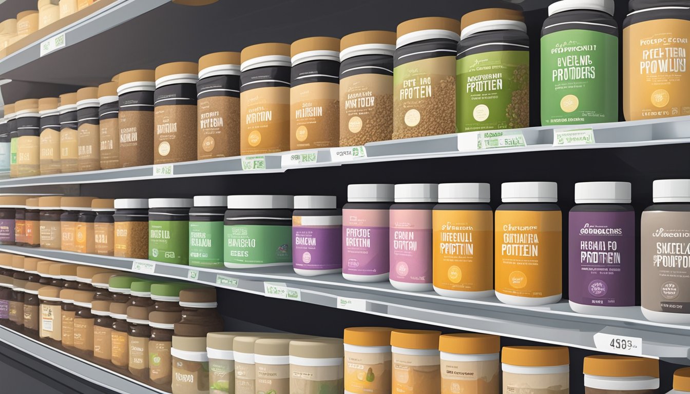 A shelf of vegan protein powders in a health food store in Singapore. Various brands and flavors are displayed with clear price tags