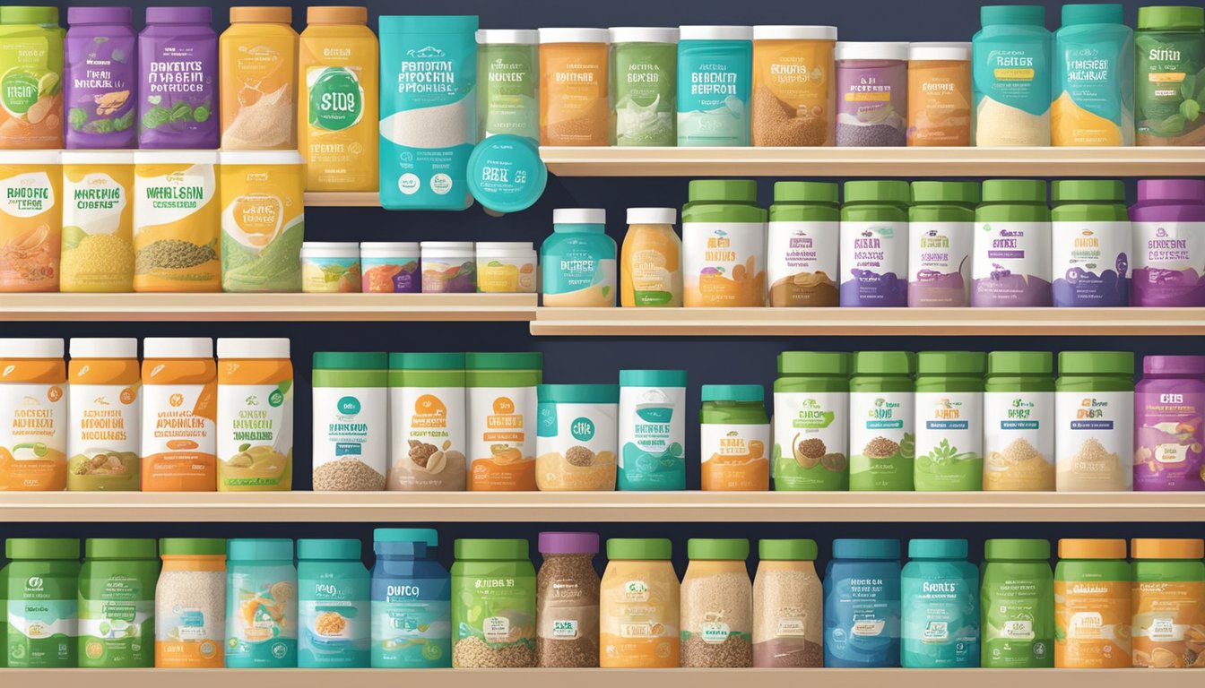A shelf filled with various brands of vegan protein powder in a health food store in Singapore. Brightly colored packaging and clear labeling indicate the different flavors and protein sources available