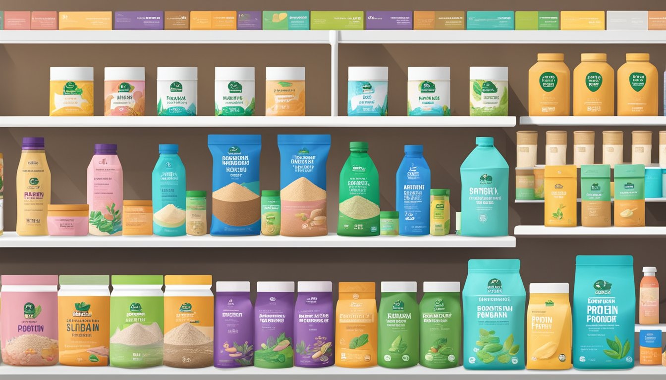 A shelf of various vegan protein powder brands in a health food store in Singapore. Brightly colored packaging and clear labels