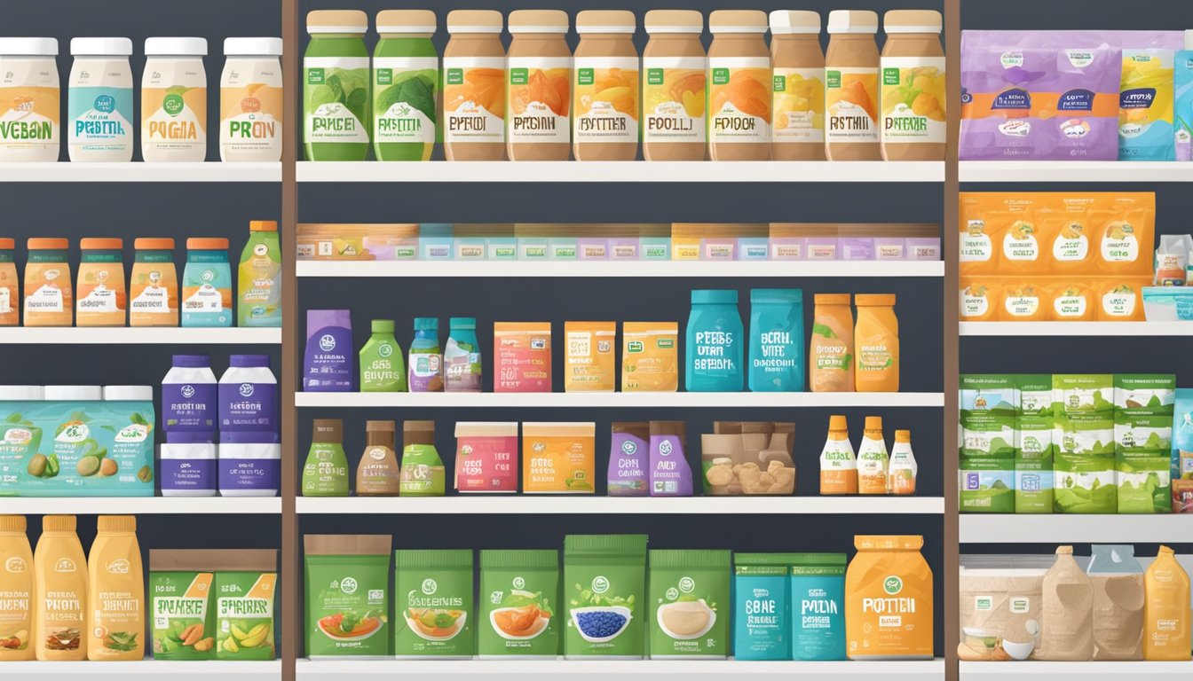 Shelves of vegan protein powder at a grocery store in Singapore, with clear signage and various brands on display