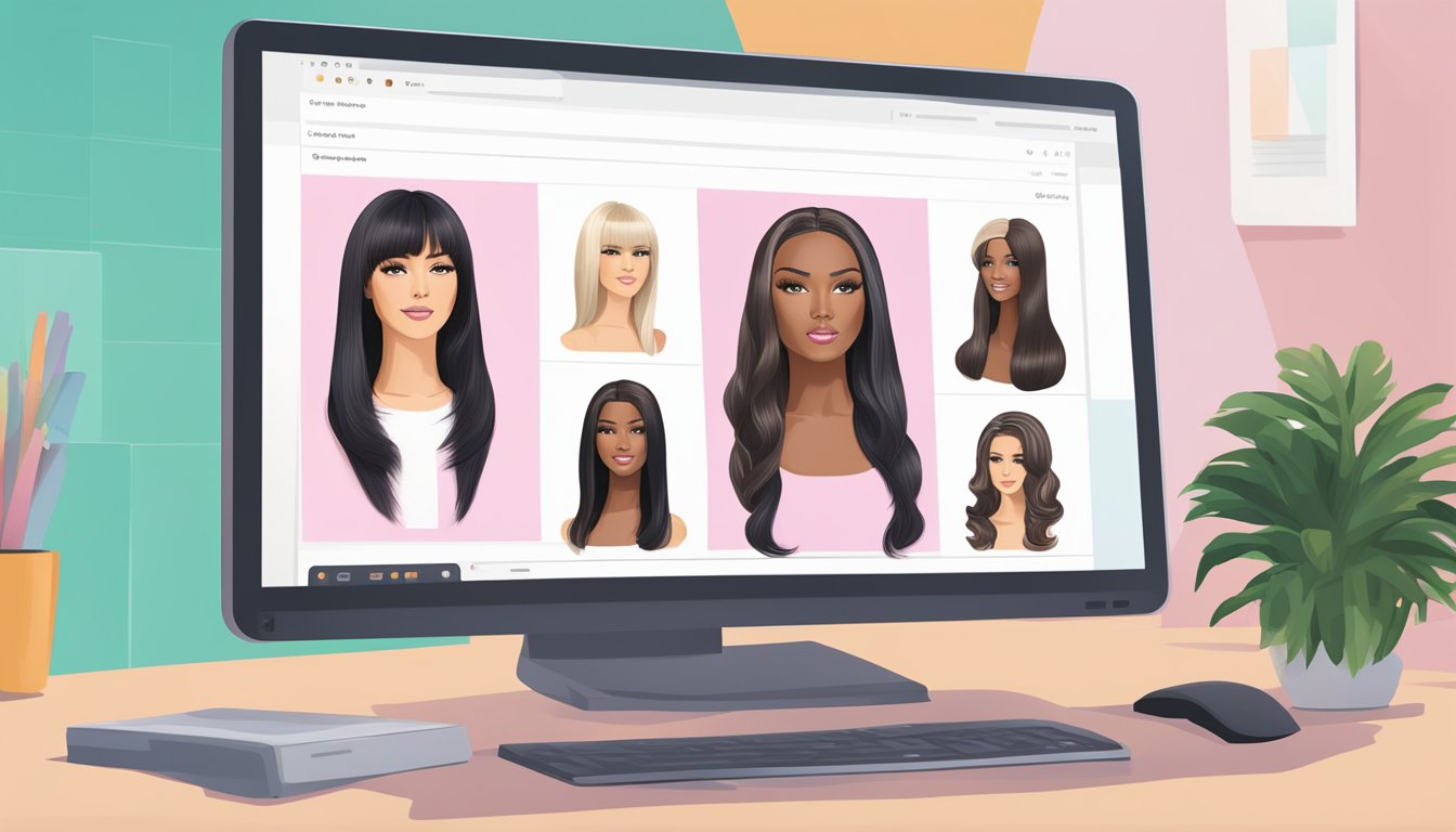 A computer screen displaying top-rated online wig retailers with detailed product images and customer reviews