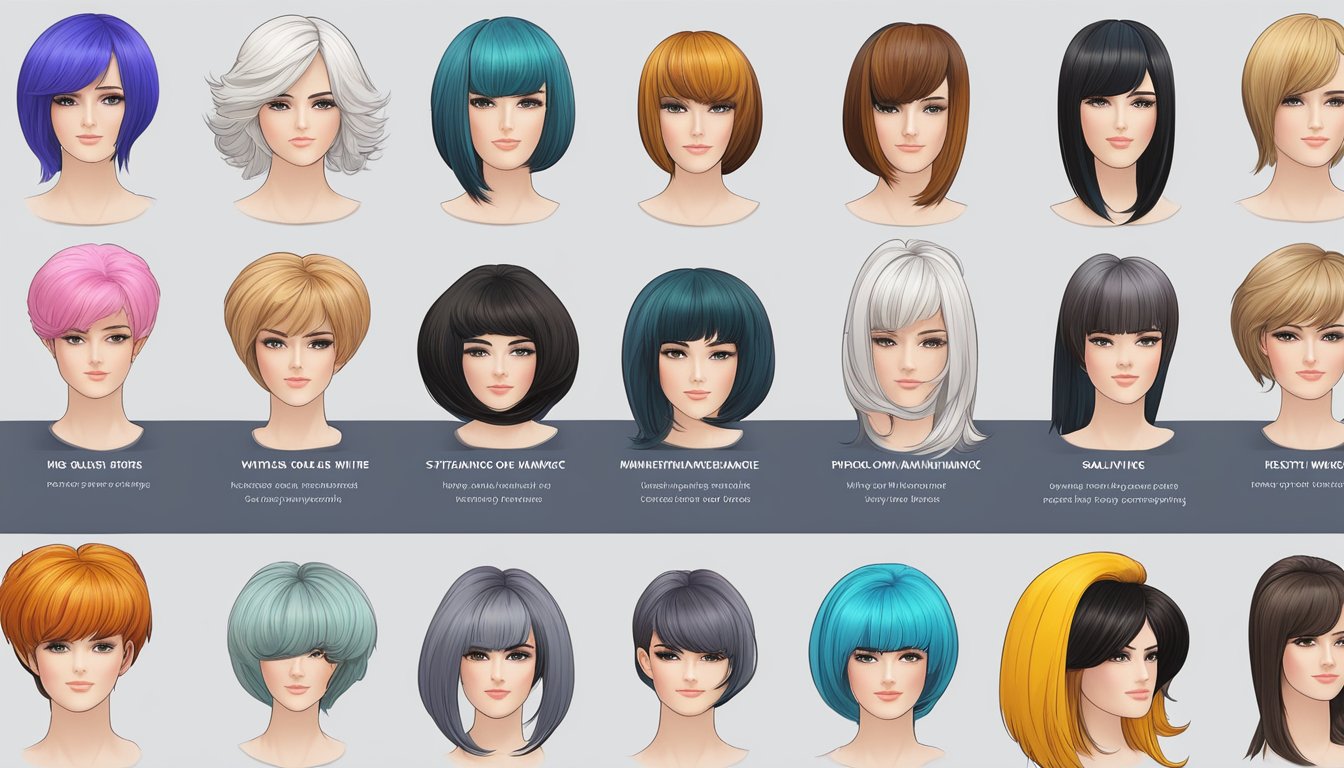 A computer screen displaying a variety of high-quality wigs for sale online. A list of styling and maintenance tips is visible next to the screen