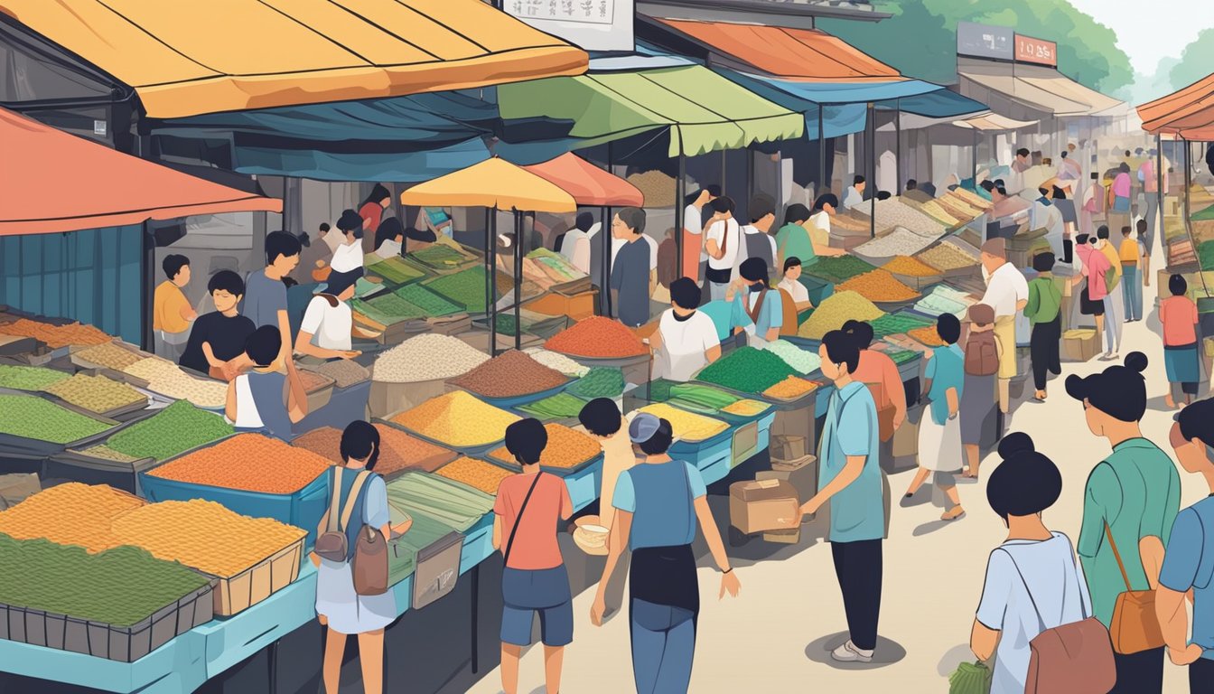 A bustling marketplace with colorful stalls selling Taiwan rice in Singapore. Customers browse the selection, while vendors promote their high-quality grains