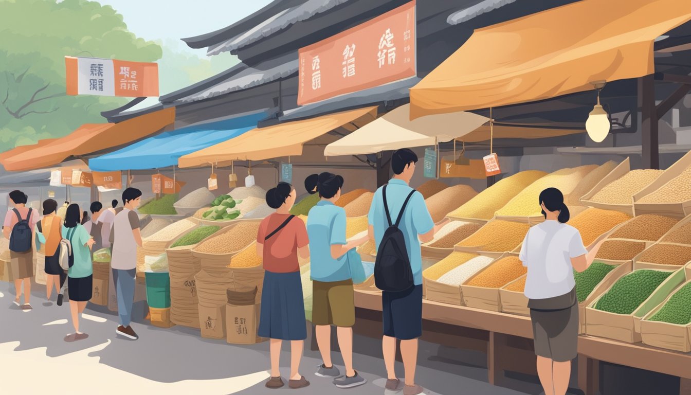 A bustling Singaporean market stall displays bags of Taiwanese rice, with colorful signage advertising its origin and quality. Shoppers eagerly inspect and purchase the sought-after grain