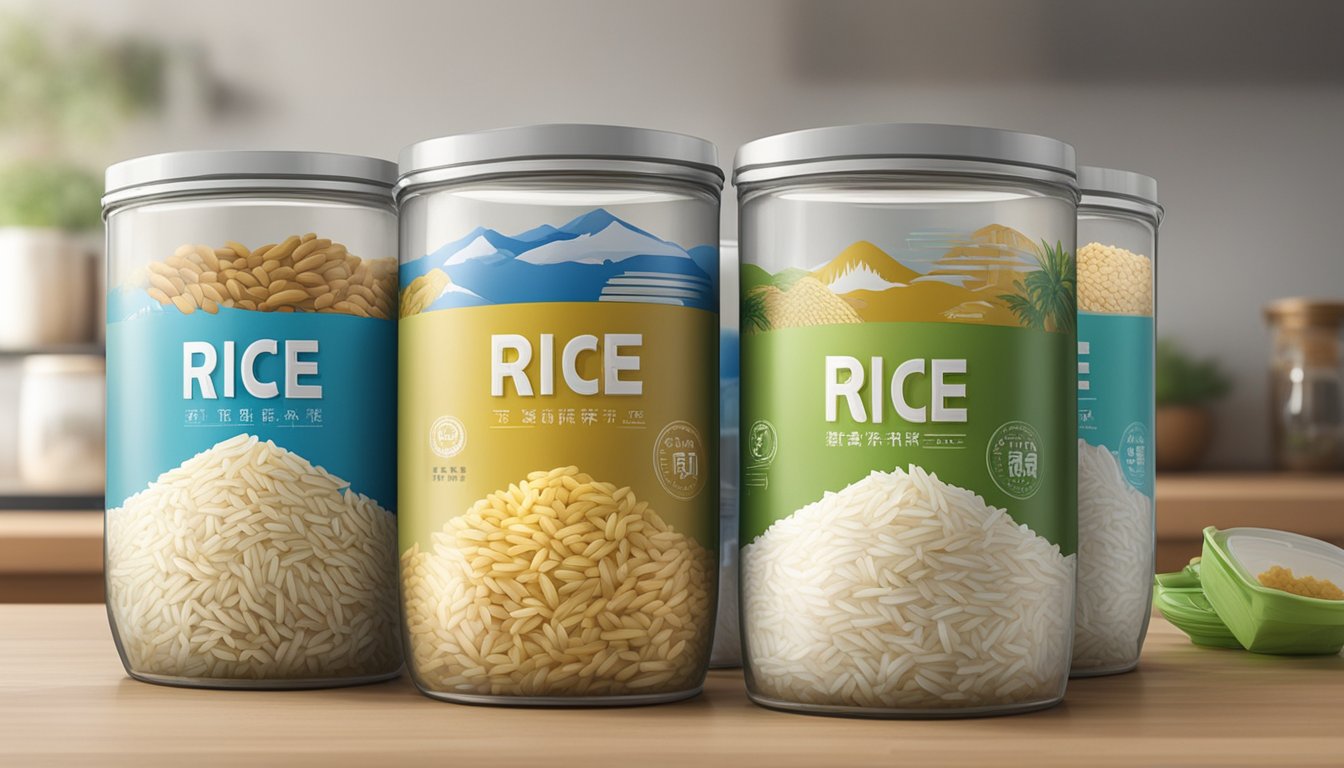 Airtight containers hold Taiwanese rice. A label reads "Taiwan Rice." A store sign says "Where to buy Taiwan rice in Singapore."