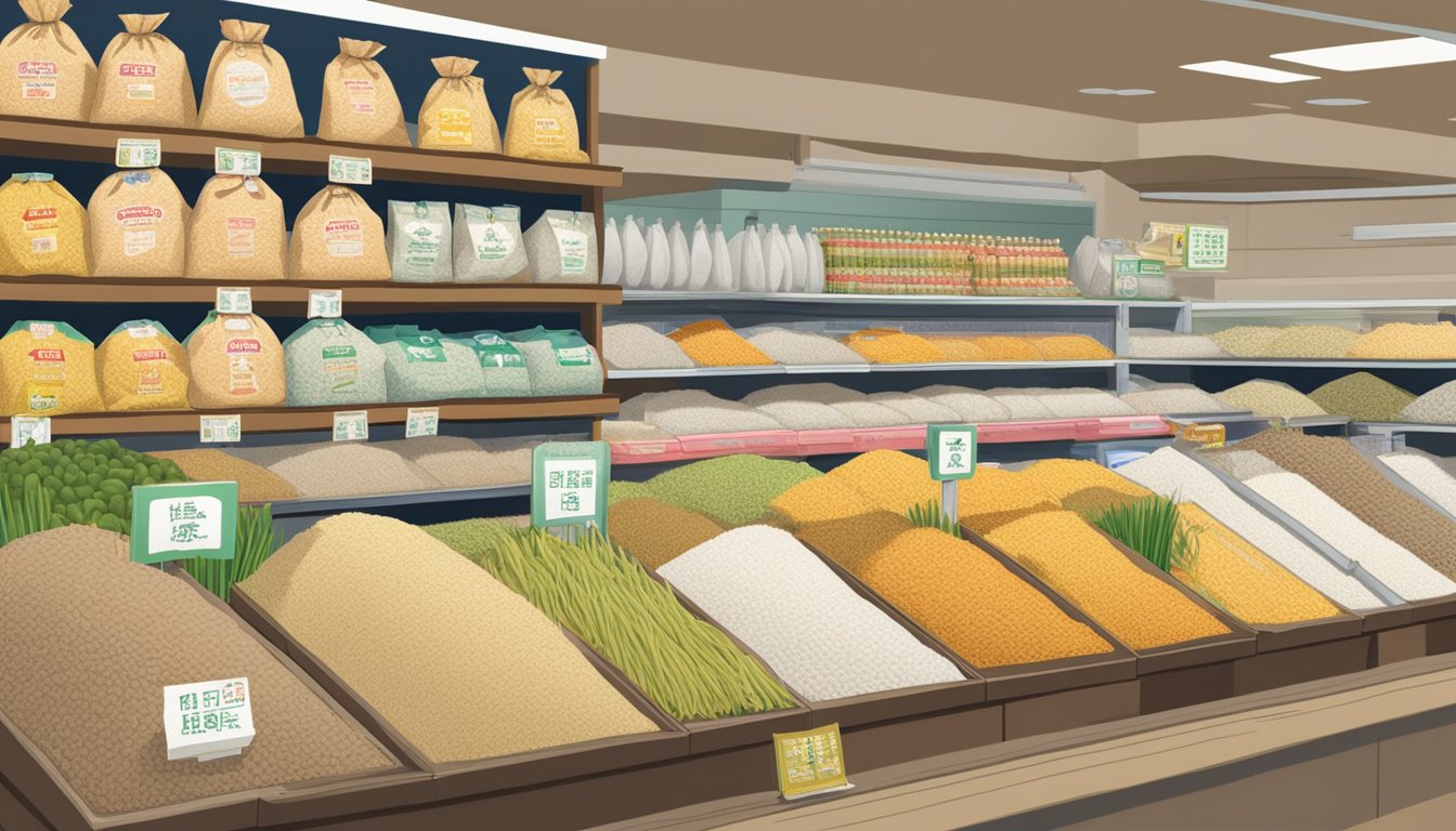 A display of Taiwan rice bags in a Singaporean grocery store, with a sign indicating "Frequently Asked Questions: Where to buy Taiwan rice in Singapore."