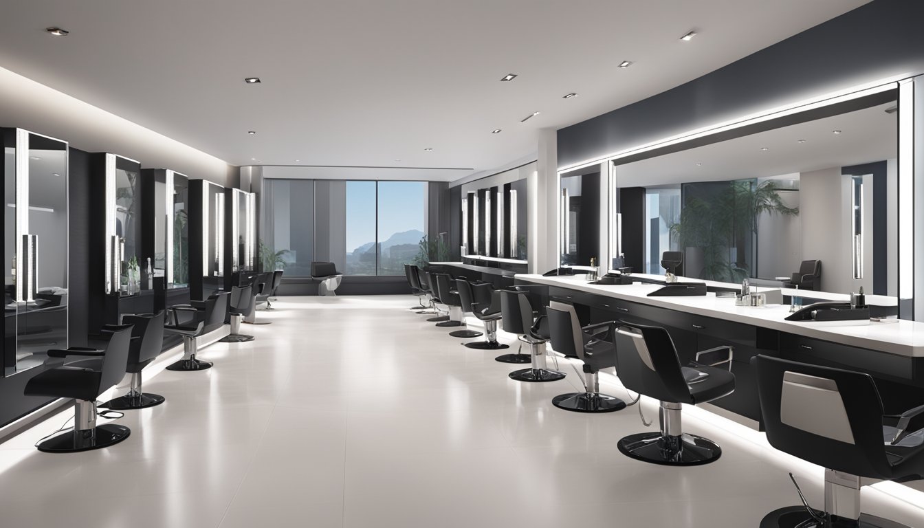 A sleek, modern salon display showcases a variety of high-quality hair scissors in Singapore. Bright lighting highlights the precision blades and ergonomic designs