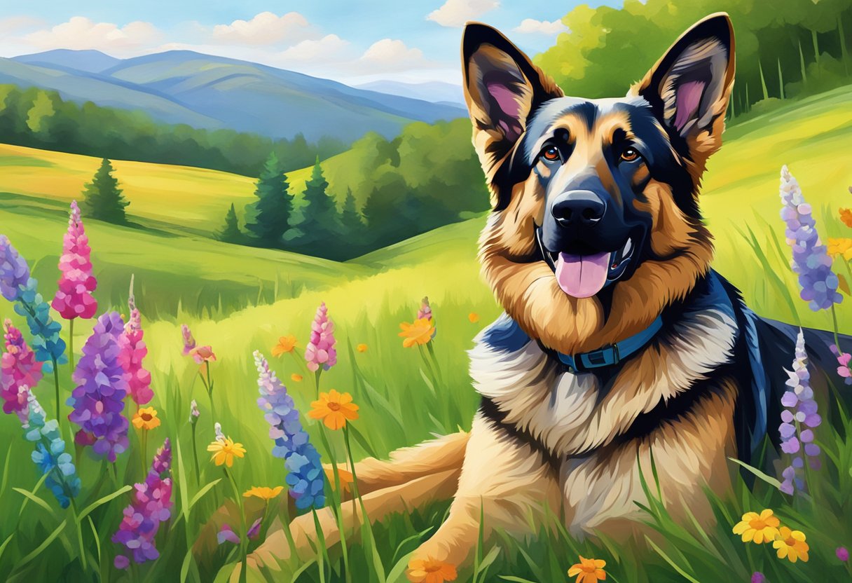A German shepherd stands proudly, ears perked and tail wagging, amidst a field of vibrant green grass and colorful wildflowers