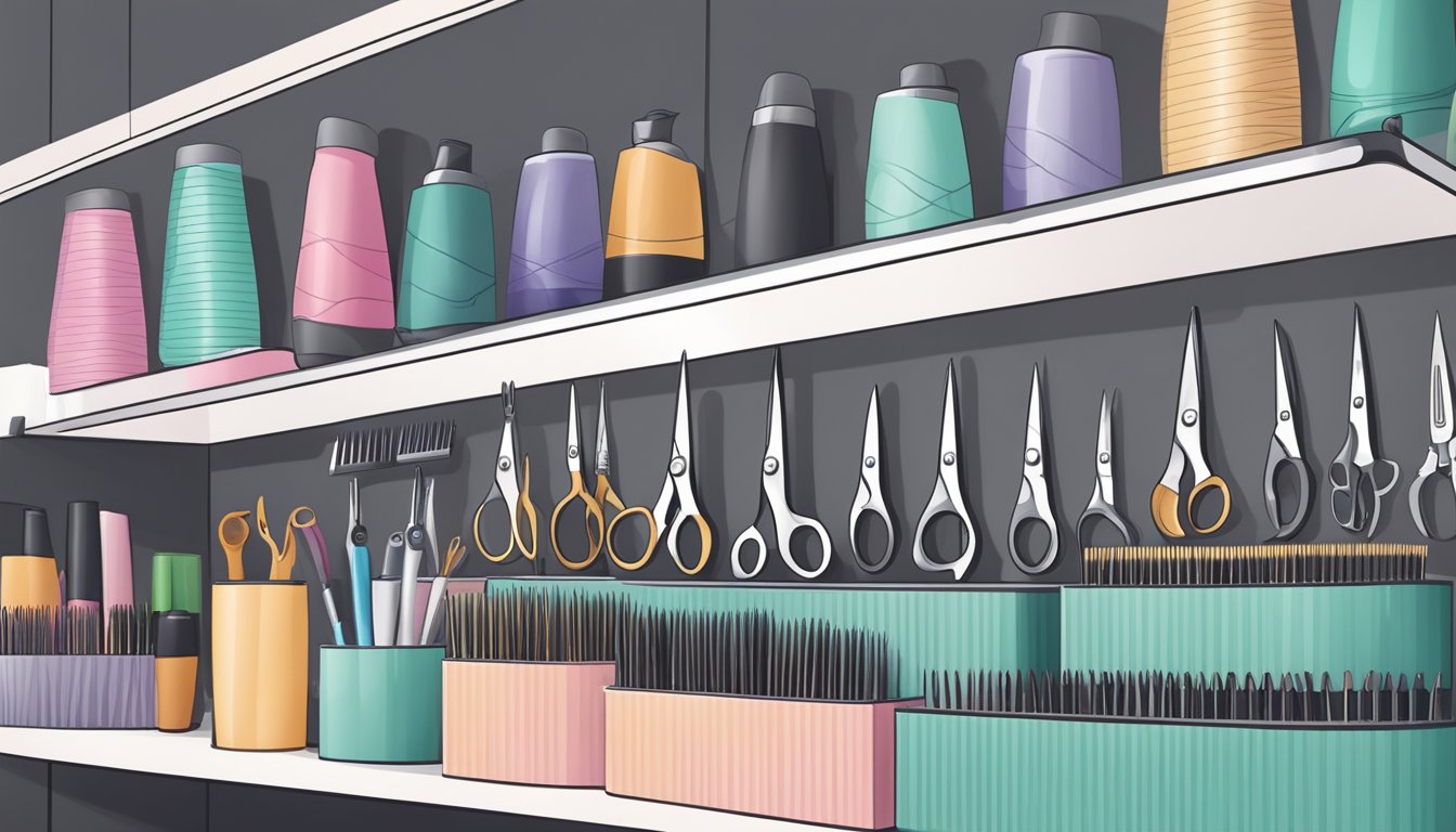 A hand reaches for a pair of hair scissors on a neatly organized display shelf in a professional salon supply store