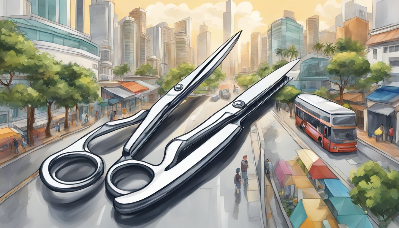 A pair of hair scissors placed on a clean, white surface with a backdrop of a bustling Singapore street scene