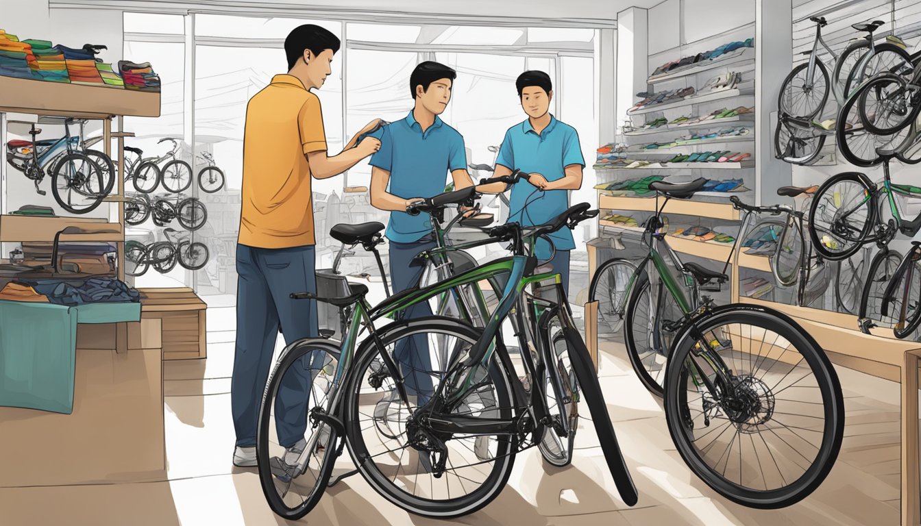 A bicycle shop in Singapore sells Tern bikes, with a variety of models displayed and a salesperson assisting a customer