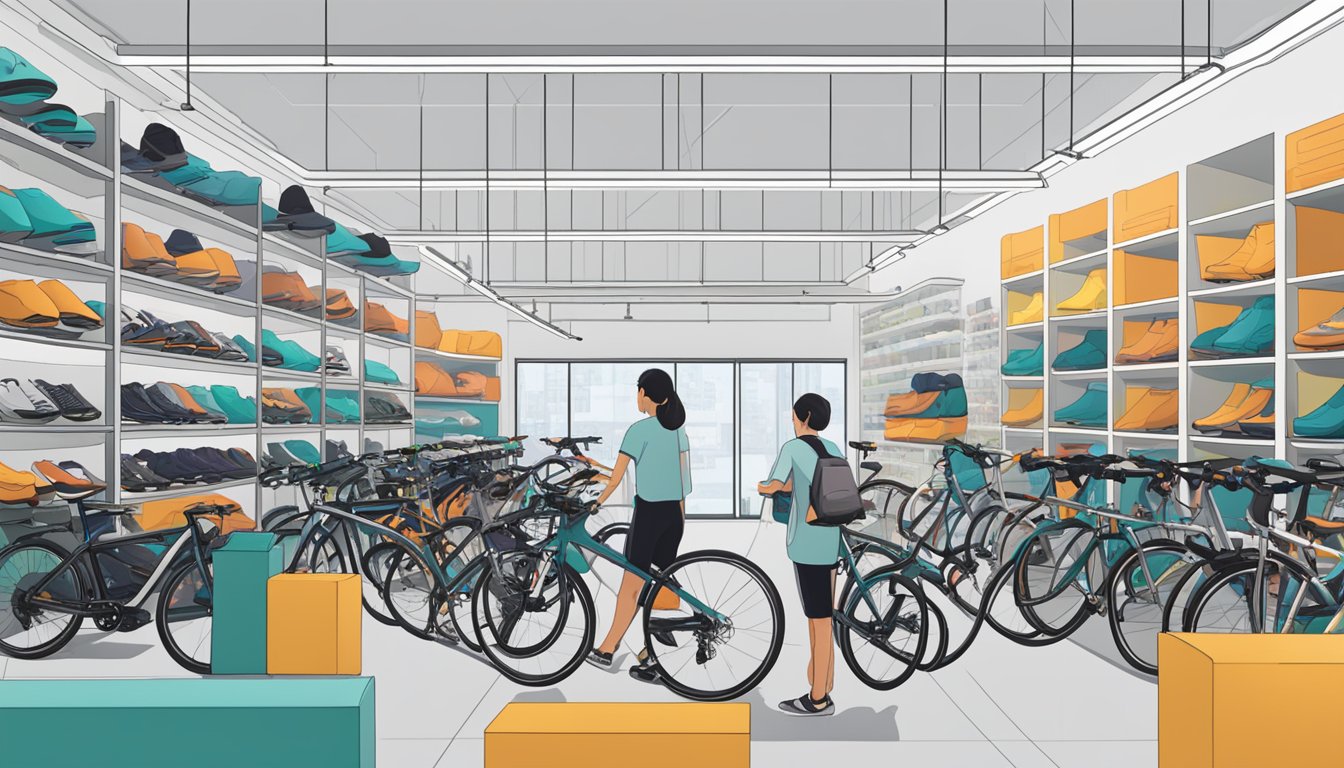 A person exploring a sleek Tern Bikes store in Singapore, surrounded by rows of stylish bicycles and cycling accessories