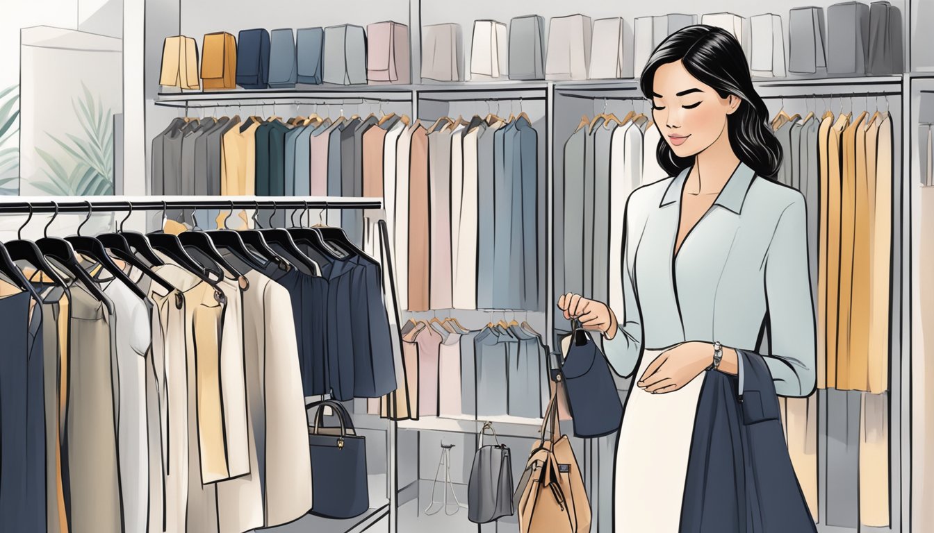 A woman browsing through racks of work dresses in a stylish boutique in Singapore, carefully selecting the perfect accessories to complement her professional attire