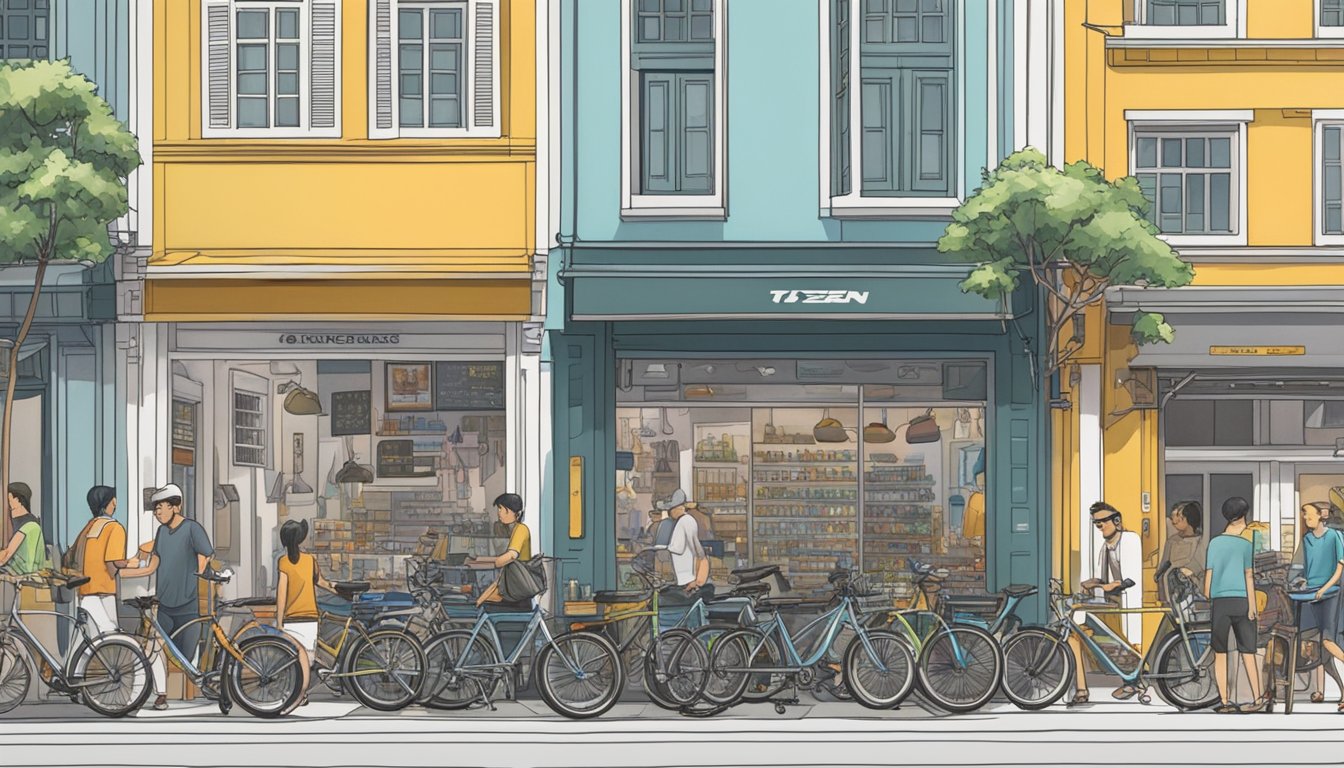 A bustling street in Singapore, with a prominent bike shop displaying a variety of Tern bikes in the window. Pedestrians walk by, glancing at the sleek designs and considering their purchase options
