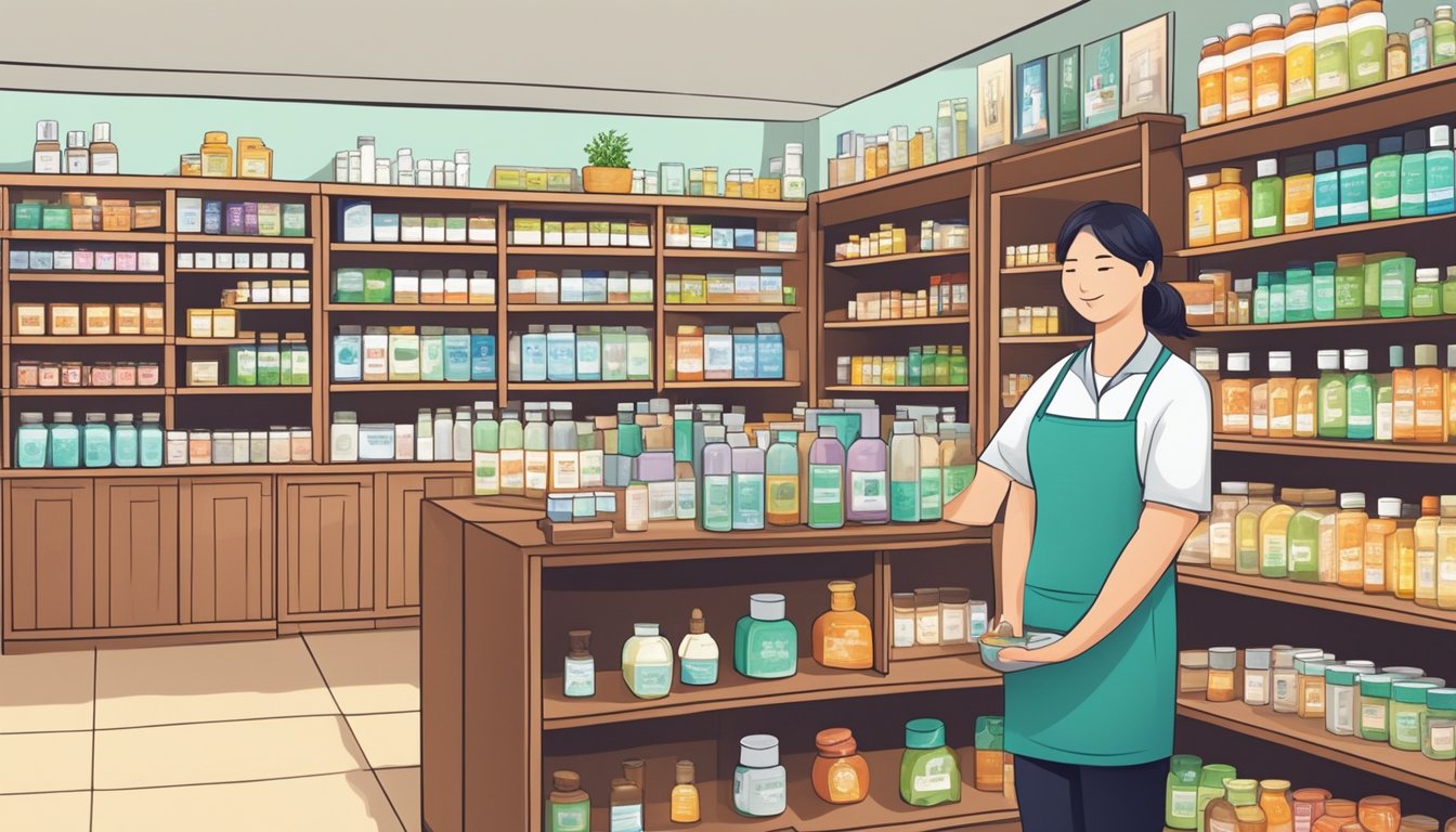 A bright and modern homeopathic medicine store in Singapore, with shelves neatly stocked with various remedies and a friendly staff member assisting a customer