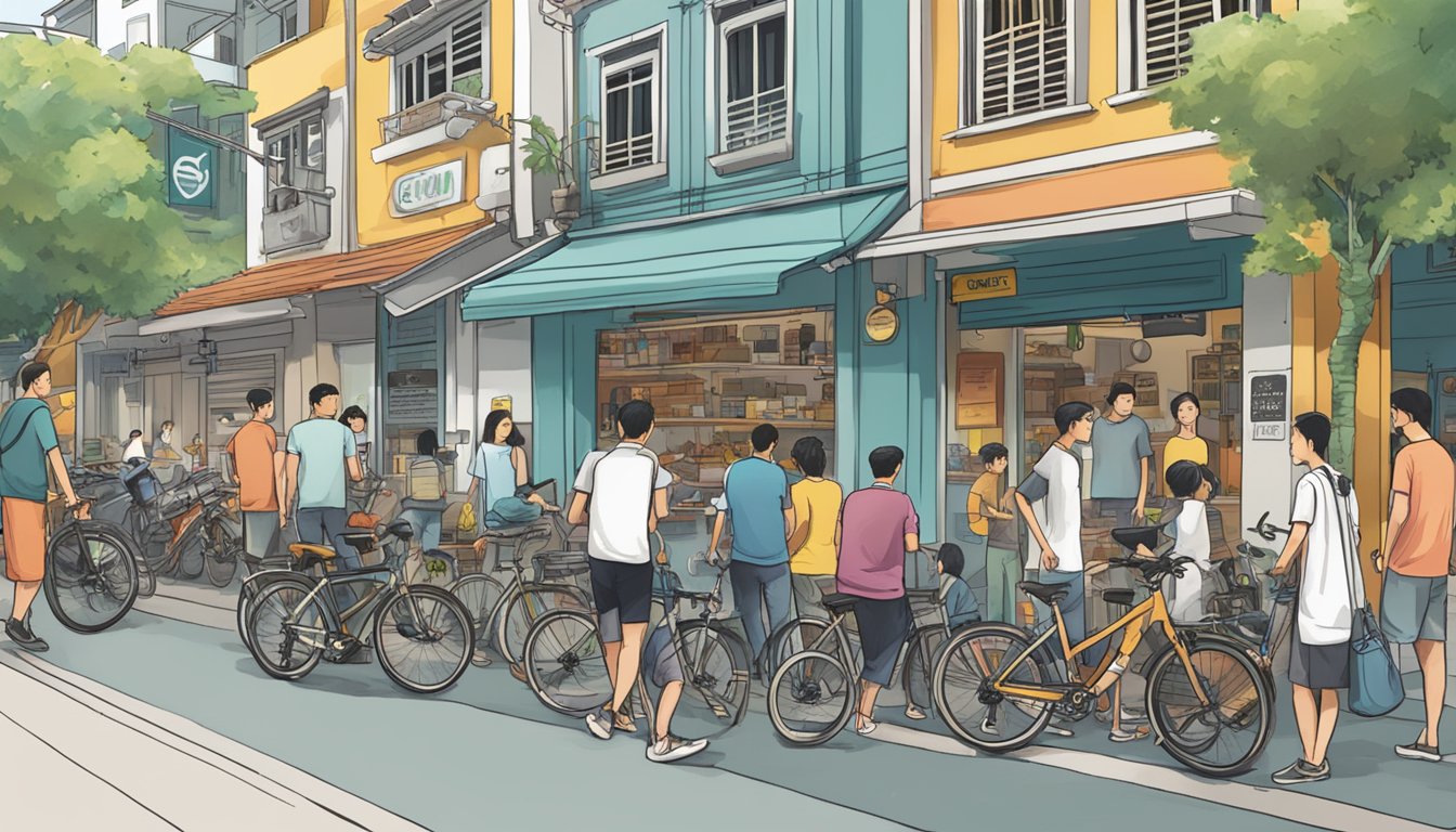 A bustling street in Singapore with a prominent bike shop displaying Tern bikes, surrounded by curious customers and a prominent "Frequently Asked Questions" sign
