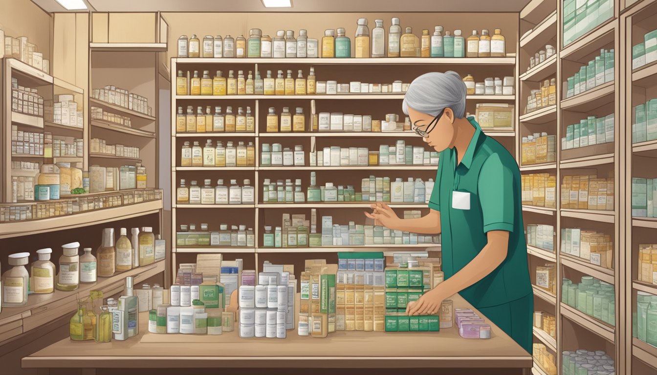 A serene Singaporean pharmacy showcases shelves of homeopathic remedies, with a knowledgeable staff member assisting a customer in the background