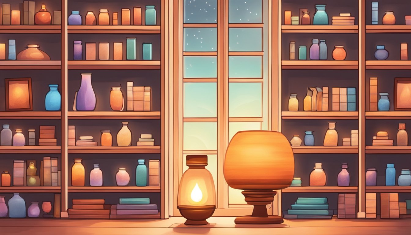 A cozy home with shelves lined with homeopathic remedies, a warm glow from a Himalayan salt lamp, and a peaceful atmosphere