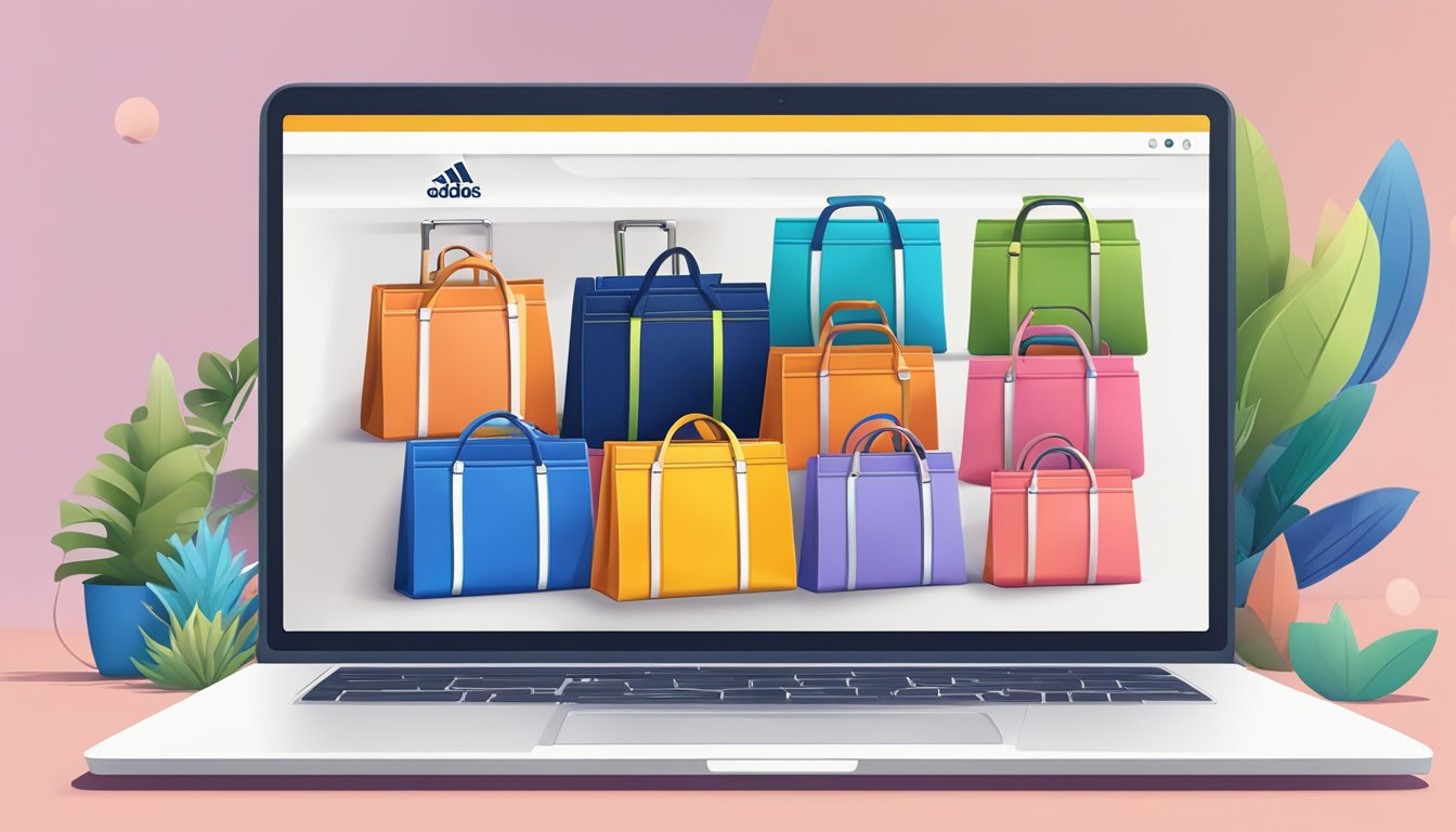 A laptop displaying an online shopping website with various adidas bags