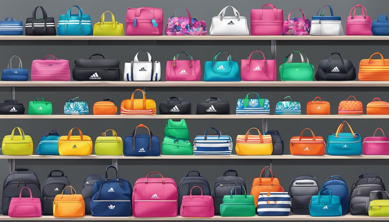A display of colorful Adidas bags arranged on shelves with the latest designs and styles