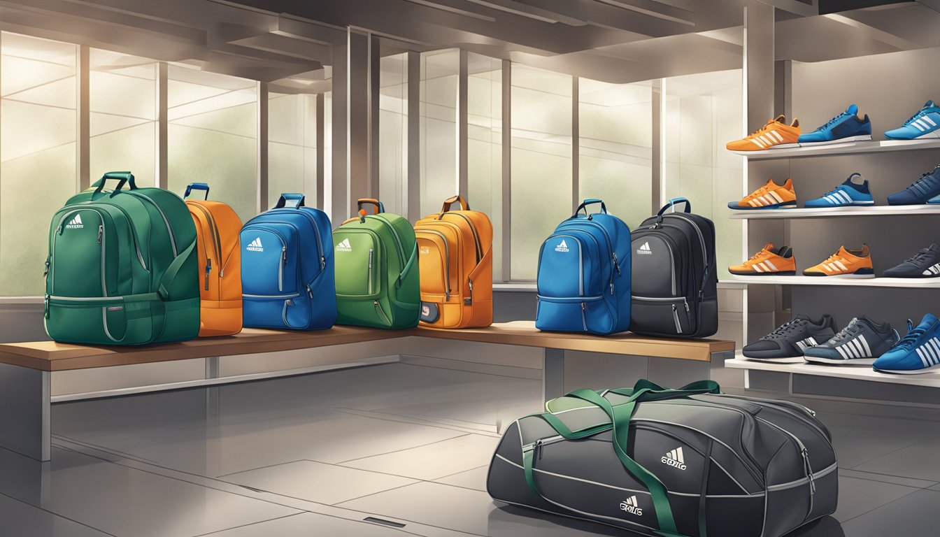 A display of Adidas bags arranged neatly with a confident and inviting atmosphere