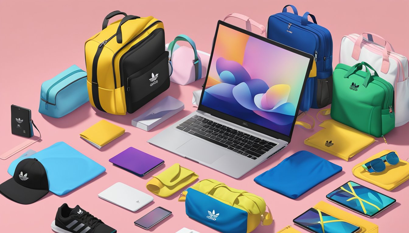 A laptop with the Adidas logo displayed on the screen, surrounded by various stylish and colorful Adidas bags