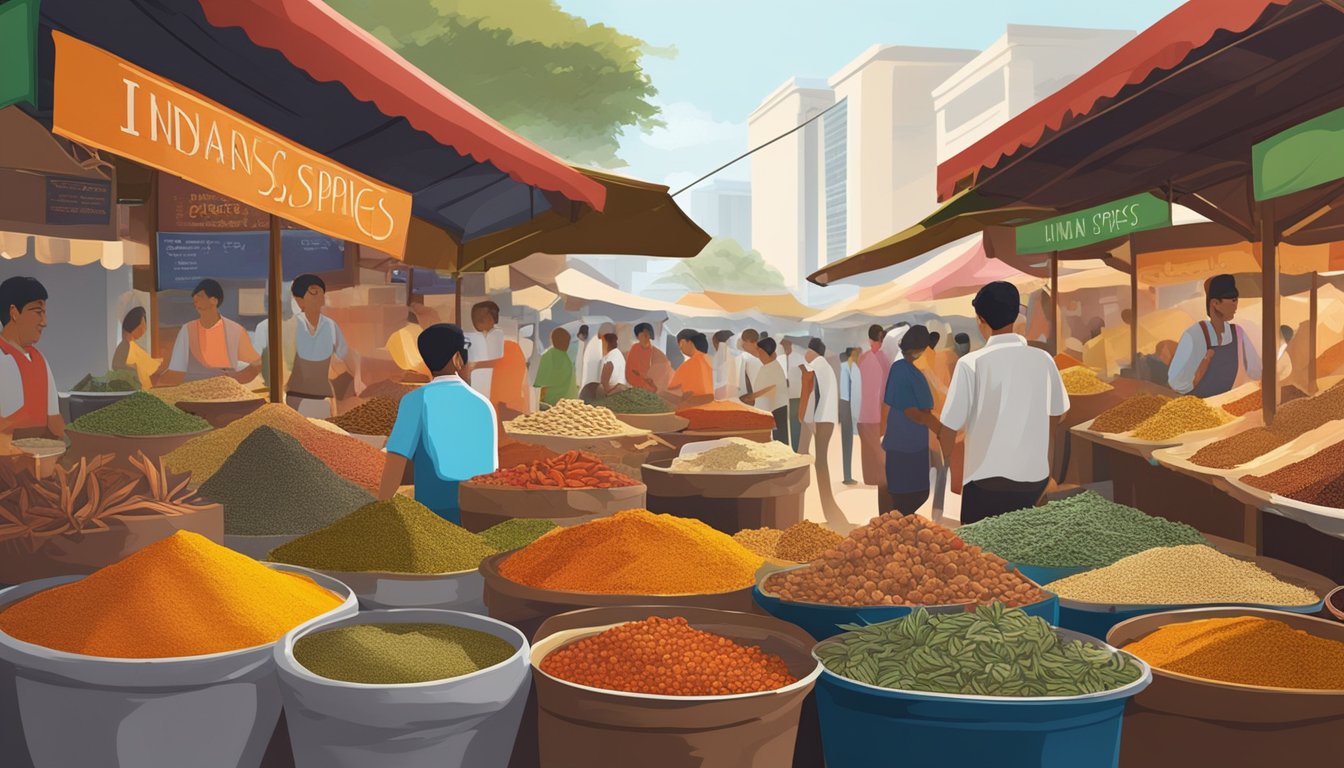 A bustling market stall displays vibrant Indian spices in Singapore