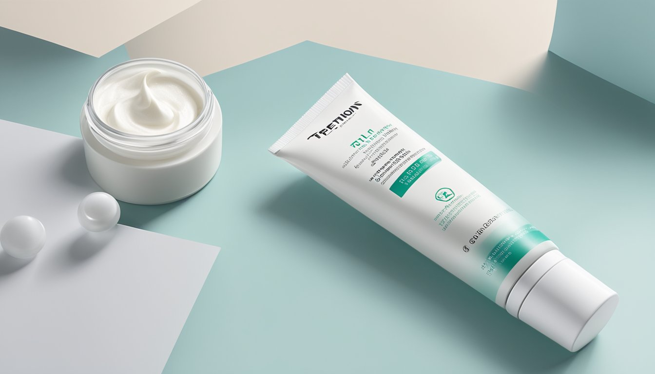 A tube of tretinoin cream sits on a clean, white countertop. Soft natural light filters in, highlighting the product's sleek packaging. A small leaflet with information about the benefits of tretinoin rests next to it