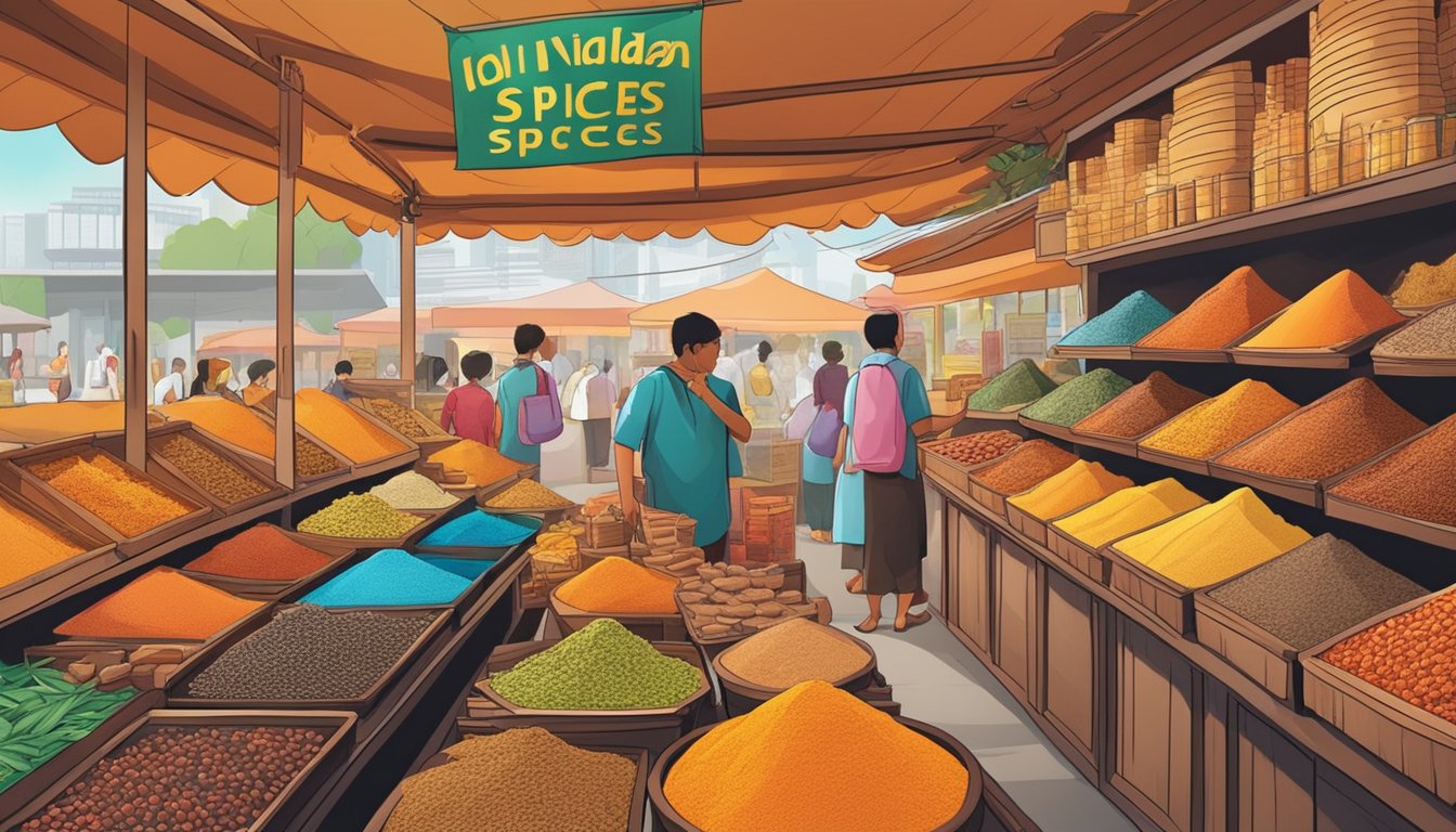 Vibrant market stall with colorful Indian spices on display in Singapore. Rich aromas fill the air as customers browse the exotic selection
