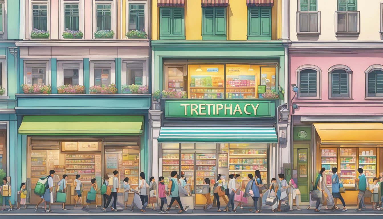 A bustling street in Singapore, with colorful signs and bustling crowds. A pharmacy window displays Tretinoin cream