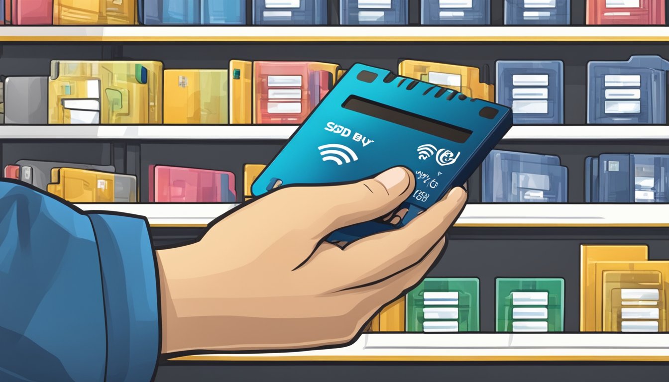 A hand reaches for a WiFi SD card on a Best Buy shelf