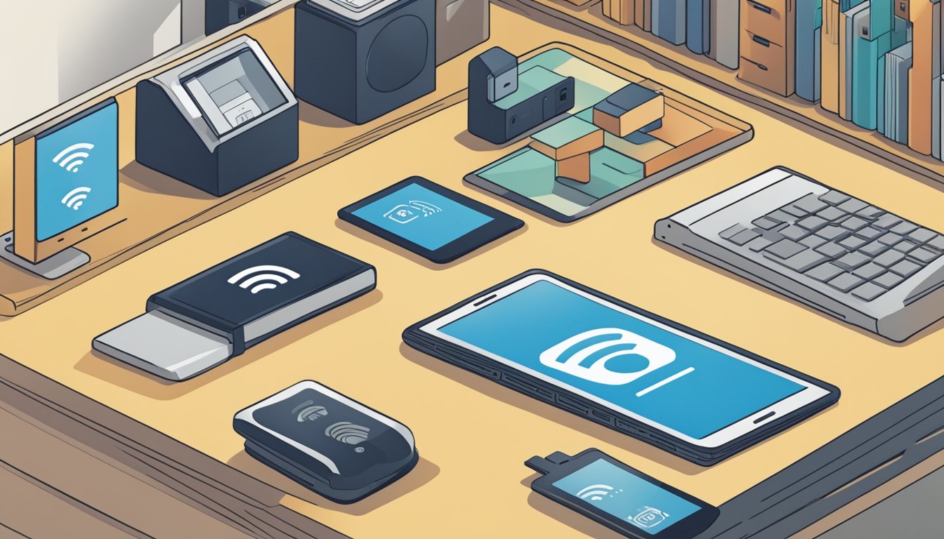 A hand reaches for a Wi-Fi SD card on a store shelf, surrounded by electronic gadgets and accessories. The card is labeled "best buy" with a prominent Wi-Fi symbol