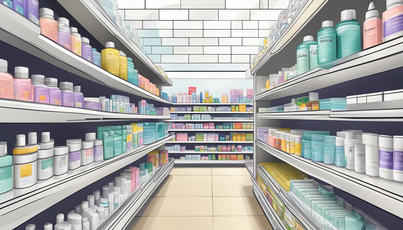 A pharmacy shelf stocked with tretinoin cream in Singapore, with clear price tags and a sign indicating "Frequently Asked Questions" section