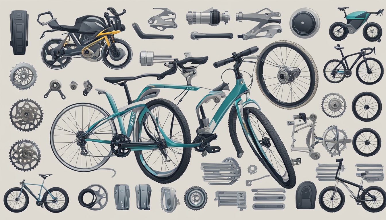 A computer screen displaying a variety of bicycle parts for sale on an online marketplace. Multiple tabs open with different categories such as tires, gears, and brakes