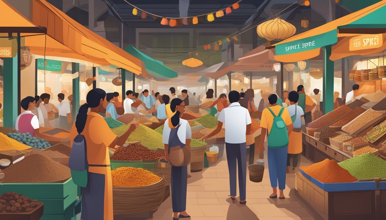 A bustling spice market in Singapore, with vibrant displays of Indian spices and vendors assisting customers with their purchases