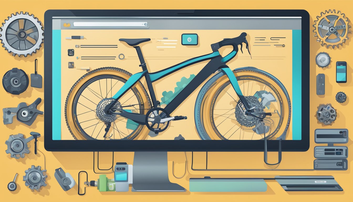 A computer screen displays a variety of online stores with bicycle parts. Icons of wheels, gears, and pedals are visible, showcasing the options available for purchase