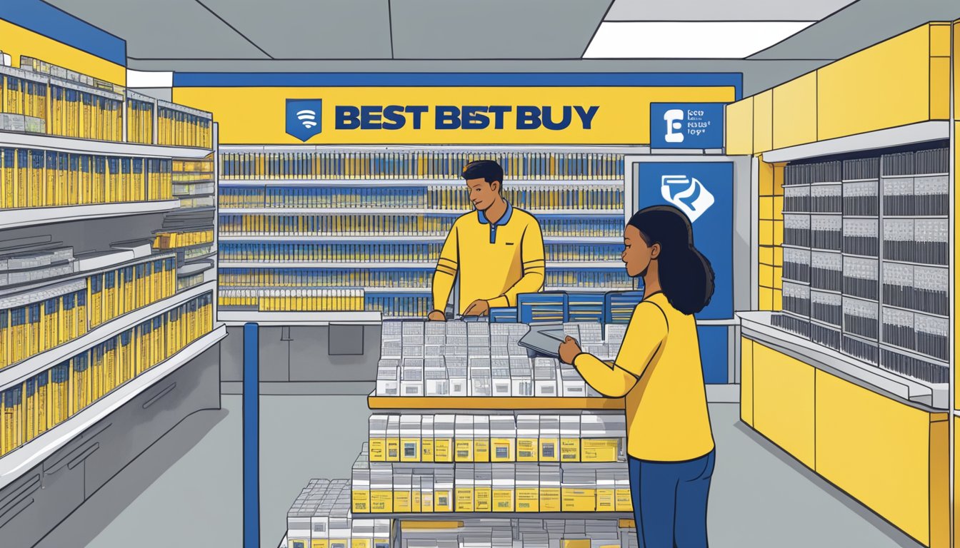 A customer browsing through a stack of FAQ cards next to a display of wifi SD cards at a Best Buy store