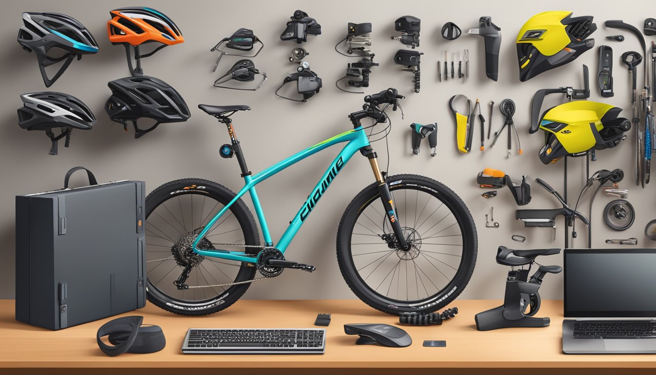 A bike shop display featuring essential components and accessories, with a variety of parts neatly organized and labeled. Online shopping website displayed on a computer screen in the background