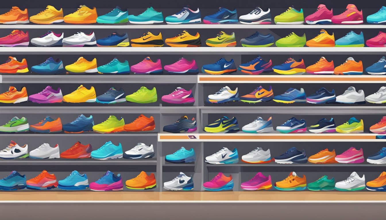 A sports store in Singapore displays a variety of volleyball shoes on shelves, with bright and colorful designs