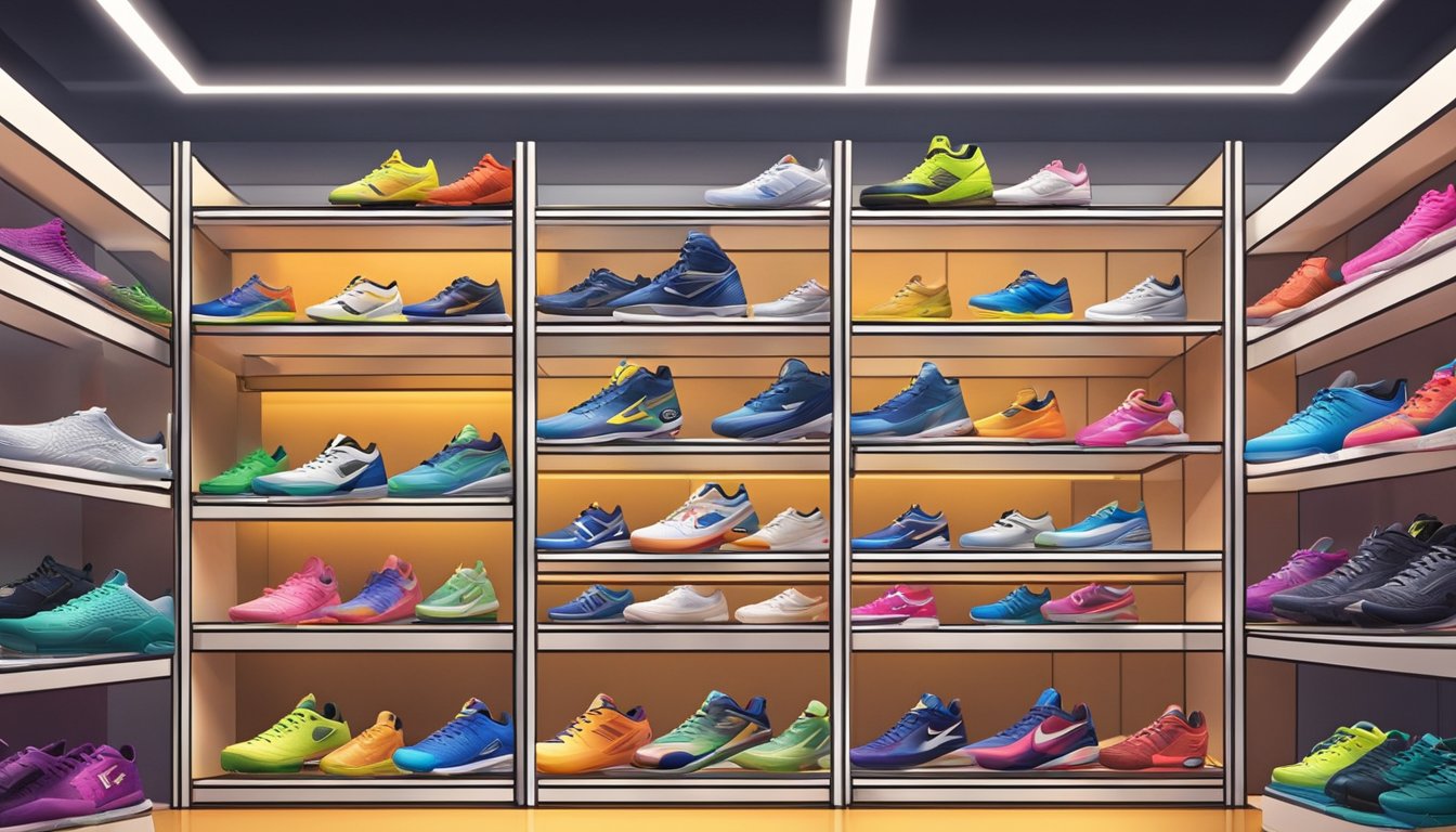 Vivid display of volleyball shoes at top Singapore retailers. Brightly lit shelves showcase various brands and styles. Shoppers browse and try on shoes