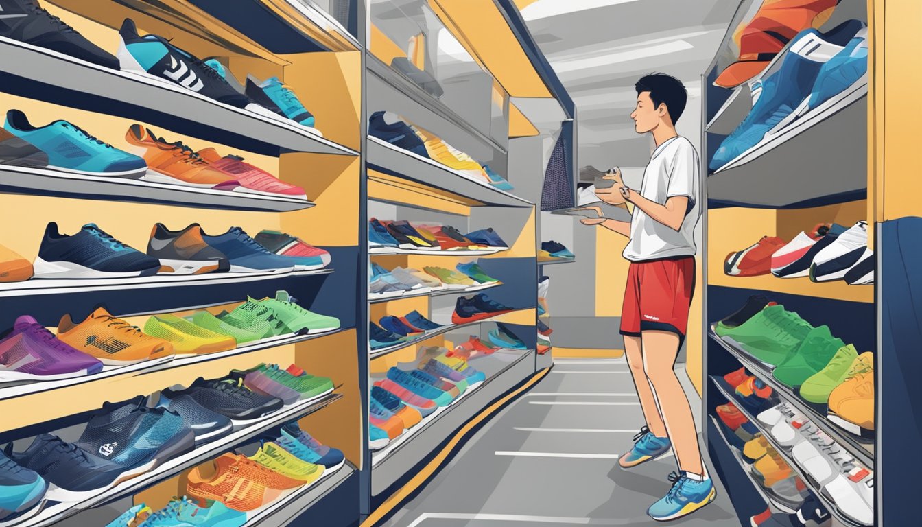 A volleyball player comparing different shoes at a sports store in Singapore. Displayed options include various brands and styles for indoor and outdoor play